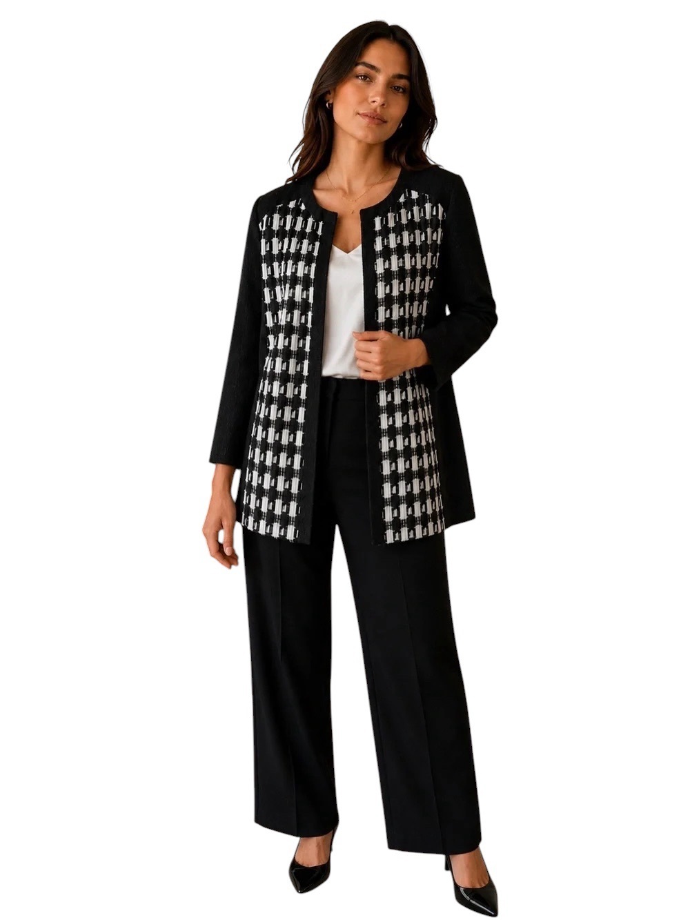 Chico's Black & White Novelty Fabric Mix Open Front Lattice Jacket Size 2